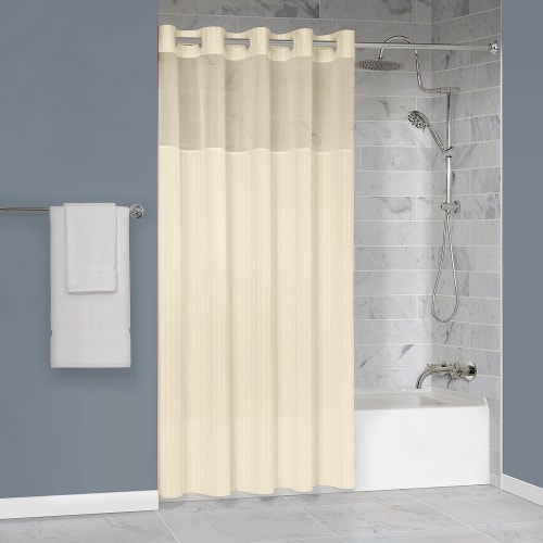 Protect360°Herringbone Shower Curtain, Snap-in Liner, Hook Free, Antimicrobial, Poly, 71x77, Beige